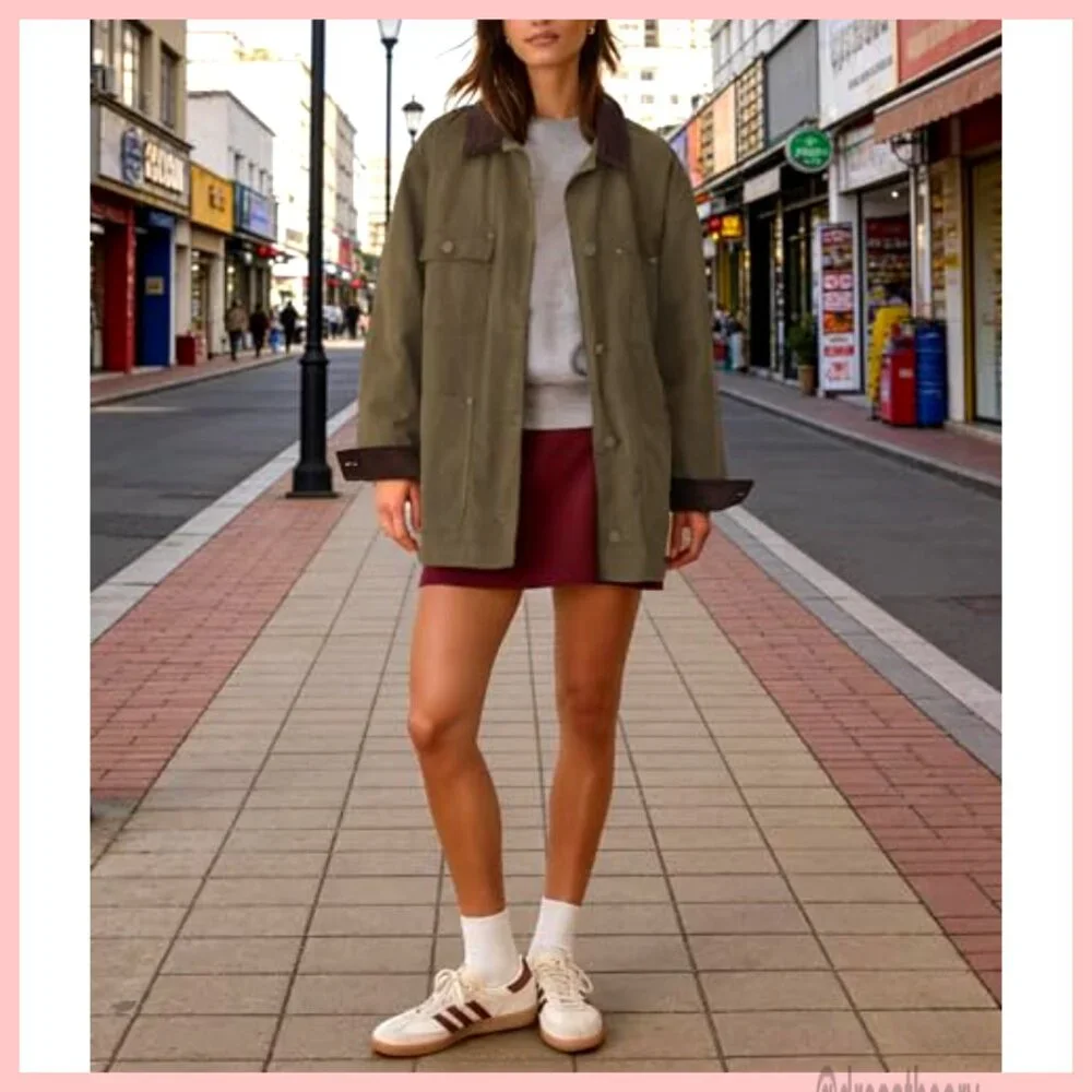 Oversized Cotton Barn Jacket with Corduroy Collar, Utility Pockets, Vintage - Picture 5 of 7